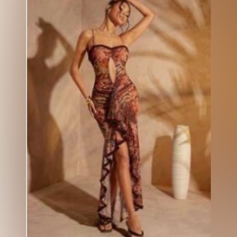 Butterfly Print Cutout Maxi With Ruffles Dress